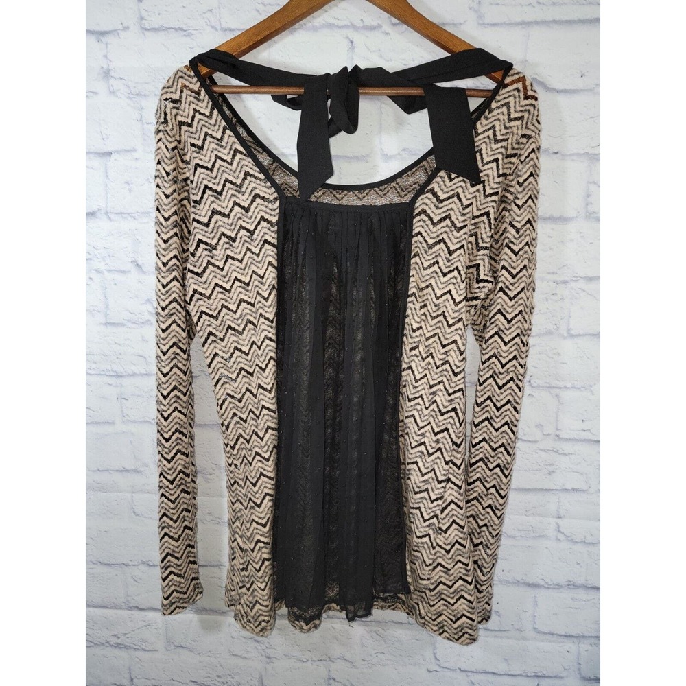 Anthropologie A’reve Black Beige Medium‎ Lace Chevron Bow Tie Back Pleated